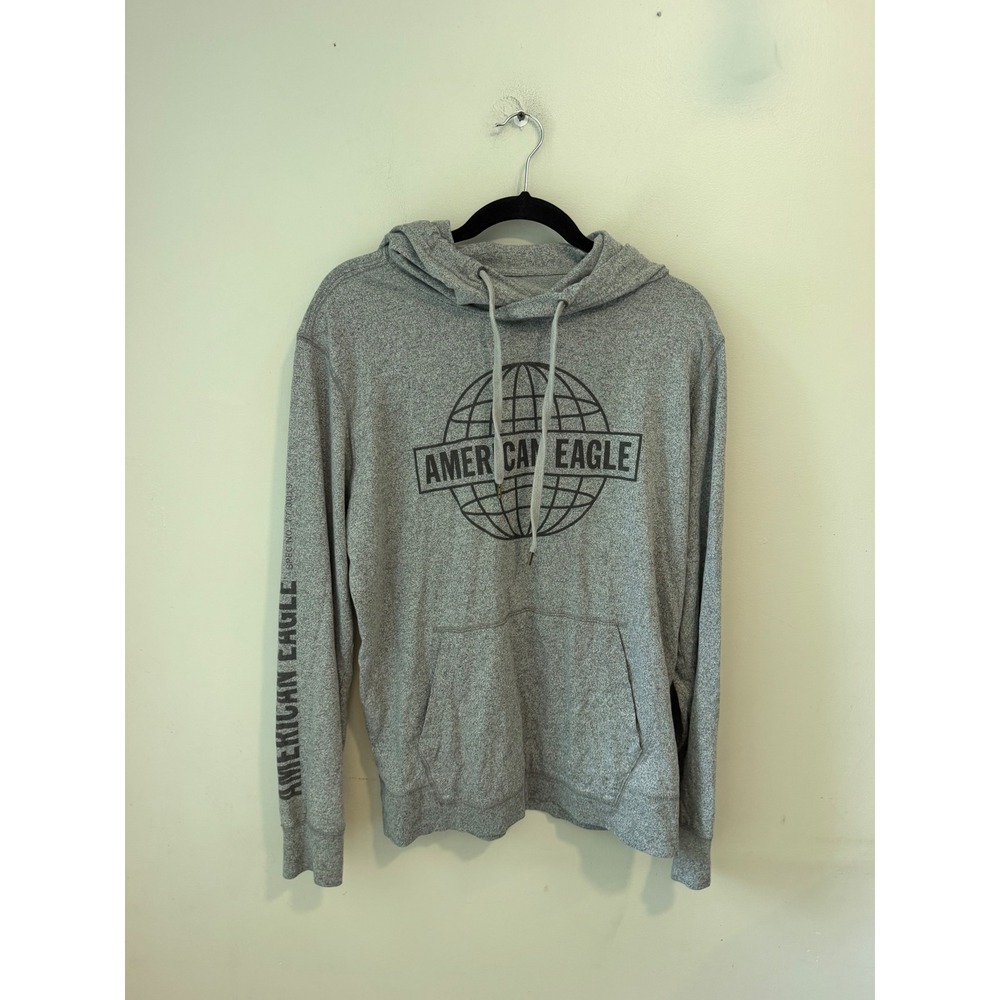 American Eagle Mens Gray Globe Graphic Hoodie Sweatshirt Size M Standard Fit